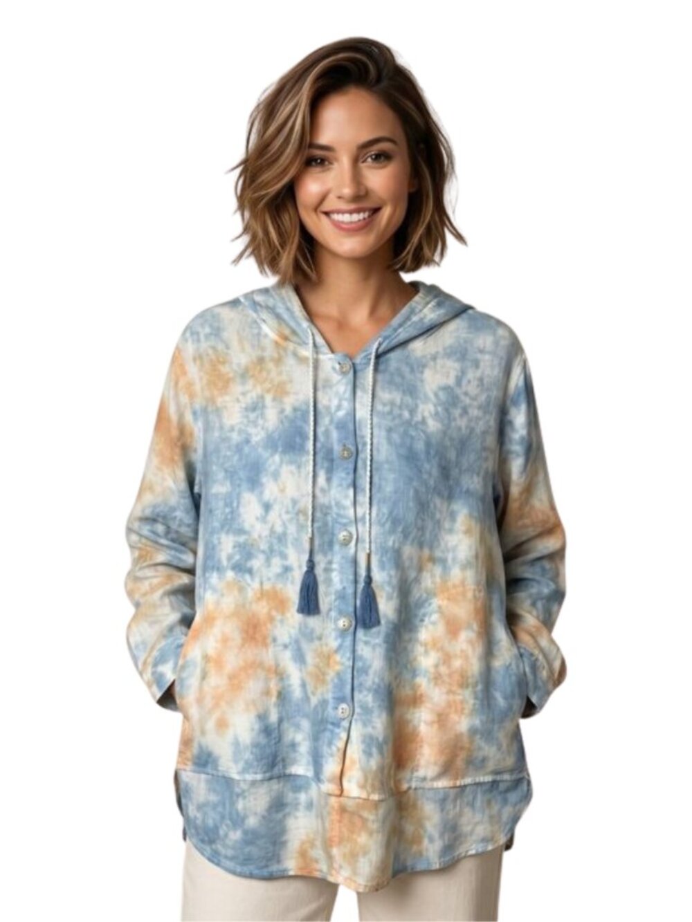 Rachel Zoe 100% Linen Tie Dye Hooded Shacket Oversized Boho Small